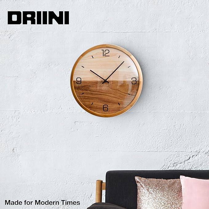 Driini Analog Dome Glass Wall Clock (12") - Pine Wood Frame with Two-Tone Wooden Face - Battery Operated with Silent Movement - Large Decorative Clocks for Classroom, Office, Living Room, or Bedrooms.