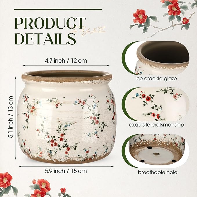 Vintage Planter Large Ceramic Plants Pot Beige Red Rustic Floral Ice Crack Cottage Scroll Vase Flower Vase Pot Indoor Plants Home Kitchen Decor Farmhouse Antique Decorative Gifts
