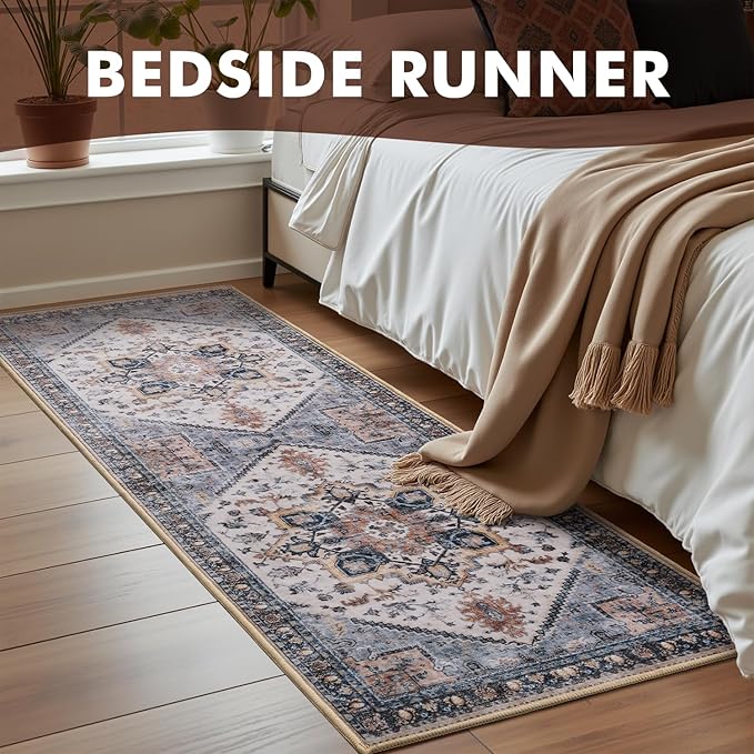 2x8 ft Runner Rug for Hallways Non Slip Washable Kitchen Runner Bedroom Bedside Runners Long Runners for Entryway Laundry Room Bathroom Neutral Vintage Blue Rust