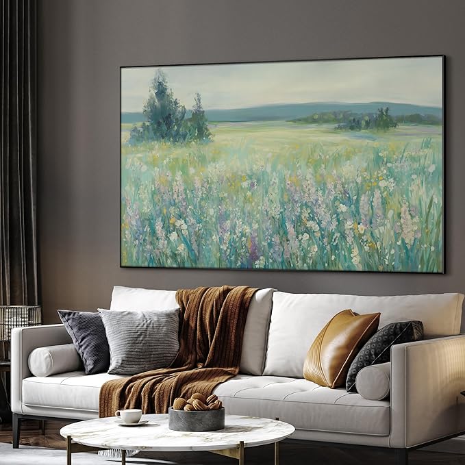 SIGNWIN 46"x72" Extra Large Framed Wall Art Wildflower Meadow Landscape Soft Pastel Nature Illustration for Home Living Room Bedroom Decor (Frame Assembly Required)