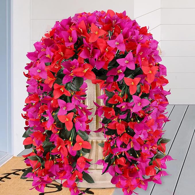 Artificial Bougainvillea Flowers for Outdoor Plant,2 pcs Faux Hanging Flowers Bougainvillea for Outside Decoration,Fake Silk UV Resistant Vines for Front Door Porch(Rose red+Fuchsia)