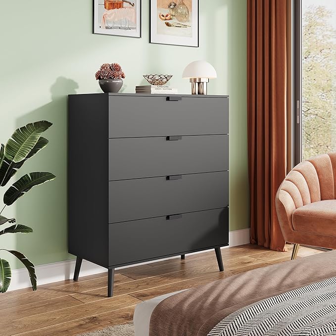 WLIVE 4 Drawer Dresser for Bedroom, Black Tall Dresser, Modern Wood Dressers with Sturdy Metal Handle, Small Chest of Drawers for Living Room, Hallway