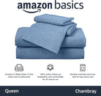 Amazon Basics 4 Piece Bed Sheets Set, 100% Cotton Jersey, Includes Super Soft, Flat and Fitted Sheets, Pillowcase, Queen, Chambray, Solid