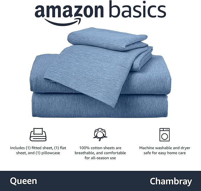 Amazon Basics 4 Piece Bed Sheets Set, 100% Cotton Jersey, Includes Super Soft, Flat and Fitted Sheets, Pillowcase, Queen, Chambray, Solid
