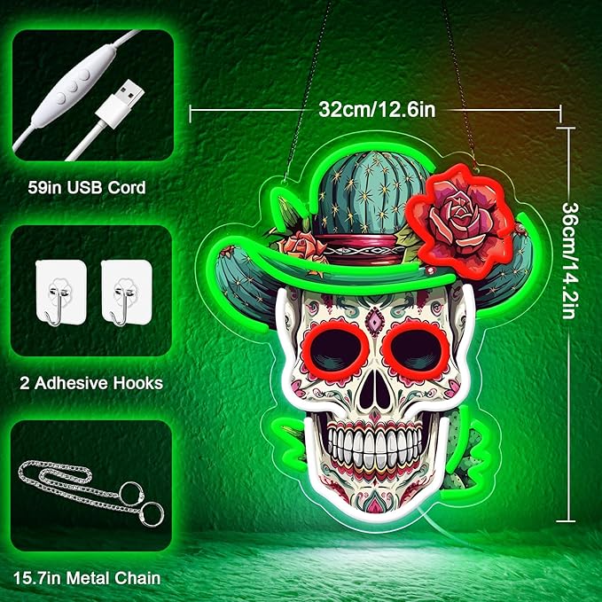 Day of the Dead Neon Sign - Mexican Sugar Skull LED Neon Light for Home & Bar Decor,UV Printed Art with Flexible LED Strip,Halloween & Día de Muertos Party Decoration（green)