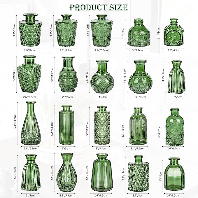 Glass Bud Vases Set of 20, Small Flower Vase in Bulk for Centerpieces, Mini Vintage Peacock Green Vases for Rustic Wedding Vintage Home Table Decor