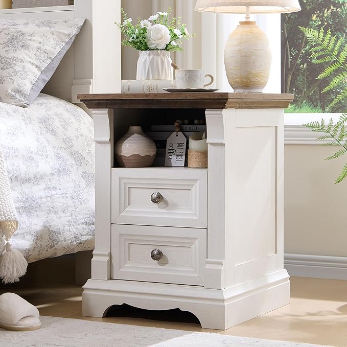 Farmhouse Nightstand with Charging Station, 18" End Table with 2 Drawers Storage, Wood Side Table w/Roman Column, Bedside Cabinet for Bedroom, Living Room, Antique White