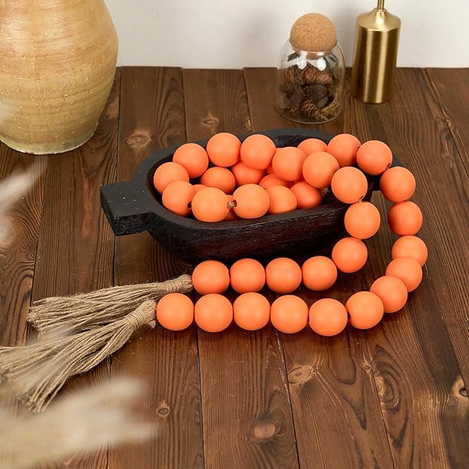 OMISHE 76" Long Large Wood Bead Garland with 1.6" Diameter Wooden Beads and Tassels, Rustic Farmhouse Country Wood Beads Garland for Home Tiered Tray Decor, Decorative Beads with Tassels Orange
