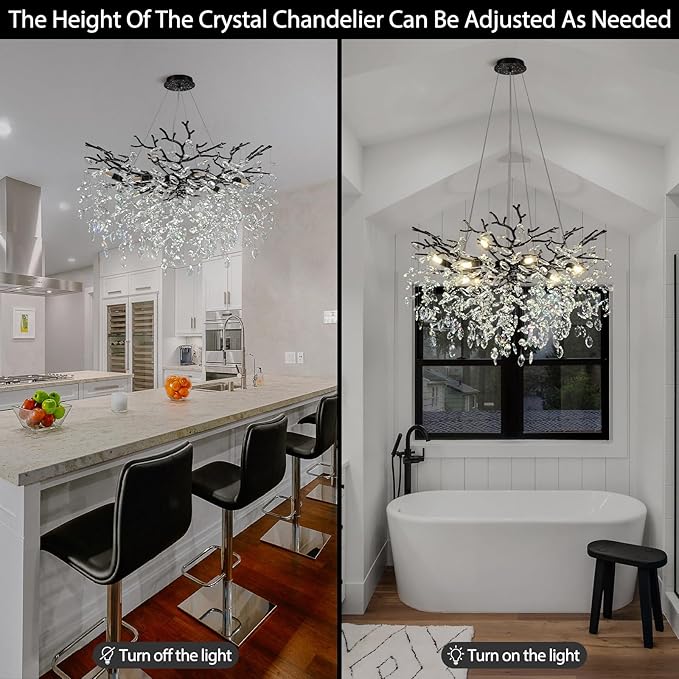 Modern Black Crystal Tree Branch Chandelier, 10-Light 30" Black K9 Crystal Chandeliers for Dining Room, Round Chandelier for Living Room,High Ceiling,Kitchen Island,Foyer,Staircase