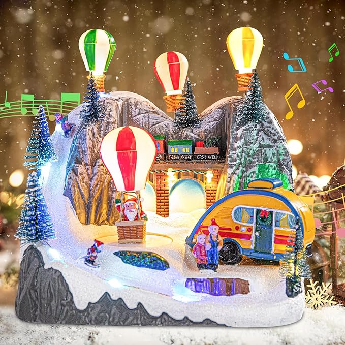 VCUTEKA Christmas Village, Hot Air Balloon Snow Mountain with Rotating Santa Claus Lighted Musical Village Perfect Addition to Your Christmas Indoor Decorations or Holiday Displays