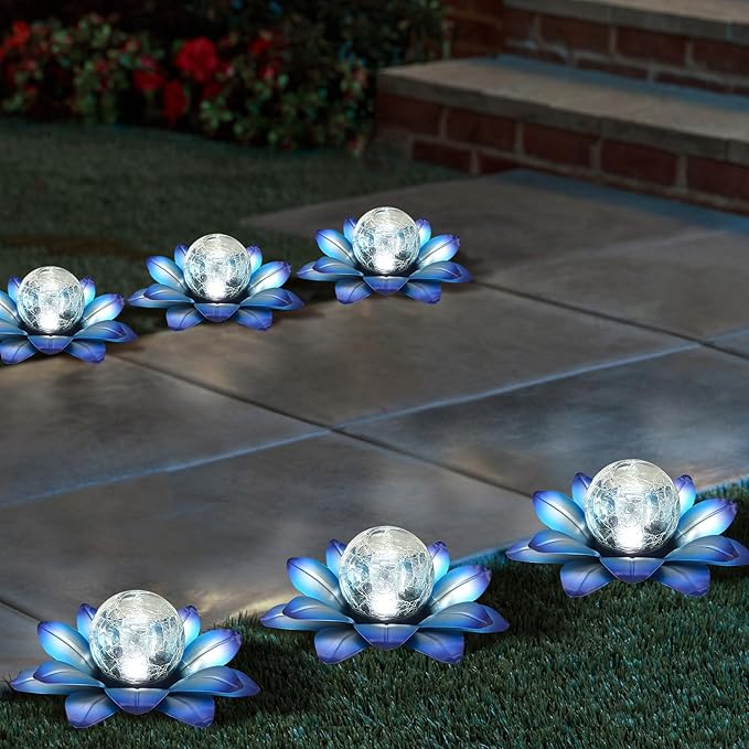 LEWIS&WAYNE Solar Garden Lights Outdoor, 3 Pcs Blue Lotus Flower Pathway Lamps with Cool White Crackle Glass Globe Led Lights for Patio Pathway Yard Balcony Garden Decorations