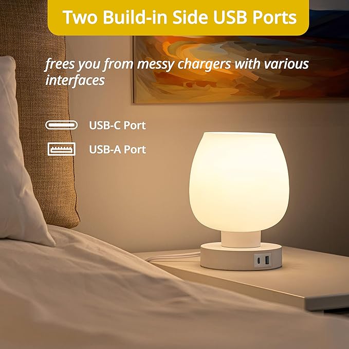 Touch Bedside Lamp, Mini Stepless Dimmable Table Lamps for Bedroom for Night Stands, Small Desk Lamp with Brightness Memory, USB Charging Ports, Warm LED Bulb, White, Round Shape, 2 Set