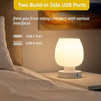 Touch Bedside Lamp, Mini Stepless Dimmable Table Lamps for Bedroom for Night Stands, Small Desk Lamp with Brightness Memory, USB Charging Ports, Warm LED Bulb, White, Round Shape, 1 Set