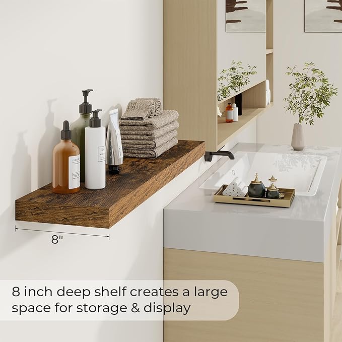 Dreamland 36 inch Floating Shelves Wall Shelves for Office with Invisible Brackets, 8 inch Deep Shelves for Bathroom, Living Room, Kitchen, Office, 36x7.9 inch deep Set of 2, Brown