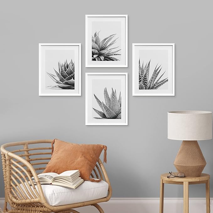 SIGNWIN Framed Black White Snake Plant Agave Cactus Succulent Wall Art, Set of 4 Floral Botanical Wall Decor Prints, Nature Wilderness Wall Décor for Living Room, Bedroom - 8"x10" White