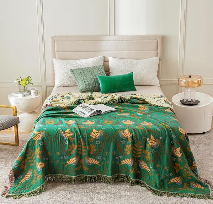 MSGKV Boho Throw Blanket 100% Cotton Green Blanket 90''x 98'' Double Sided Knit Blankets with Tassels Reversible Warm Soft Blanket Throw Blankets for Bed Sofa Living Room