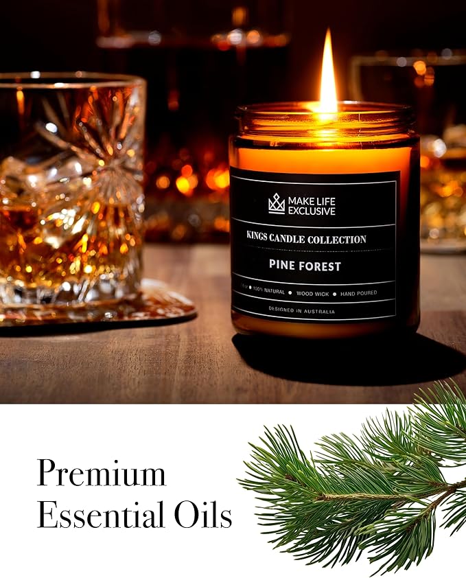 Scented Candles for Men | Pine & Cedar Scented | Wooden Wick, Long Lasting, Masculine Scents | Natural Soy Jar Candle for Home, Bachelor Pad Decor | The Perfect Mens Gift.