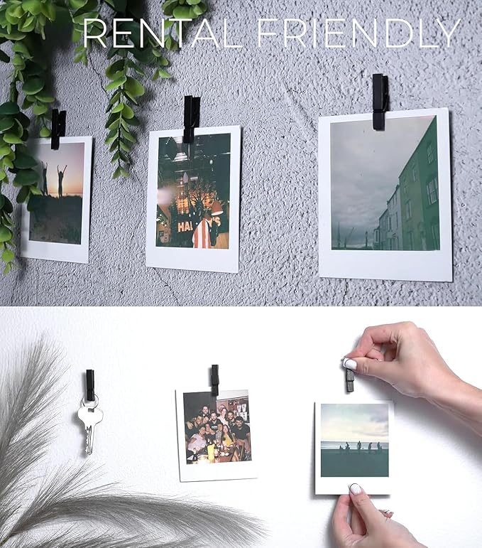 50 Pack Mini Self Adhesive Clips for Pictures - Black Wood Clip Photo Holders for Wall, Poster Hanger, Photo Cards Hanging Display Board & Picture Boards, Artwork Photos Holders Card Room Decor