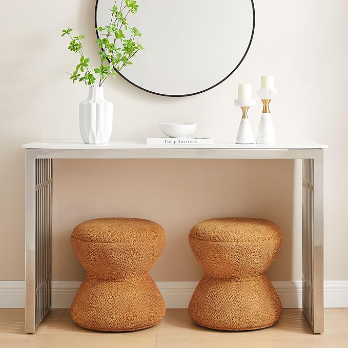 VANOMi Multi-Functional Boucle Ottoman, Vanity Stool Chair, Sturdy Rotating Wooden Footstool, Suitable for Living Room, Bedroom, and Entryway, Without Installation, Swivel, Curry