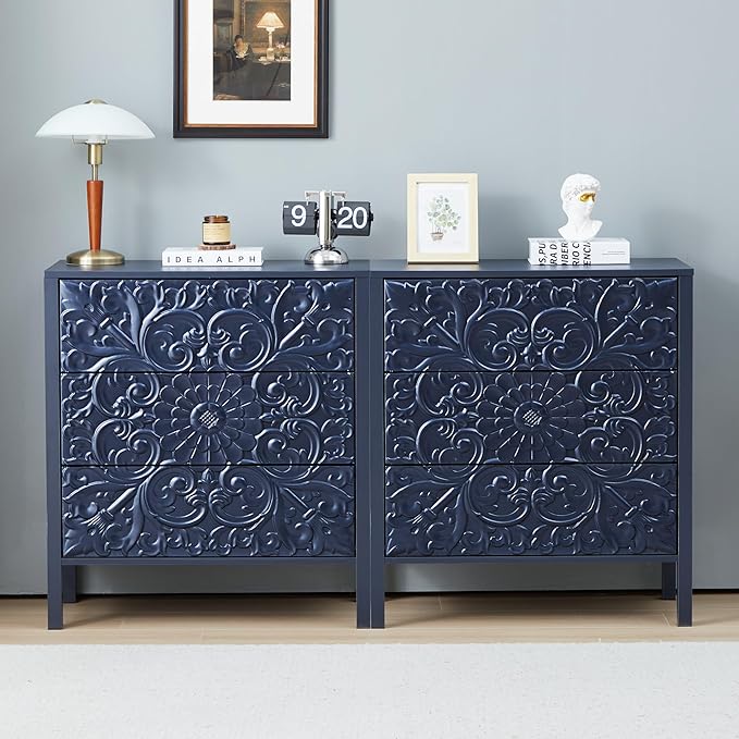 3 Drawer Flower Motif Dresser, Accent Dresser Chest with 3 Drawers, Luxury Nightstands Set of 2 for Bedroom, Small Wide Nightstand for Living Room, Bedroom, Entryway (2, Gray Blue)