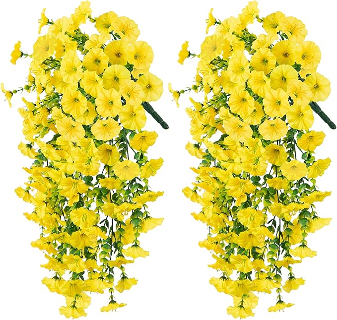 Ivydale 2 PCS Artificial Hanging Flowers Fake Plants Outdoor,Silk Morning Glory Faux Flowers with Eucalyptus Leaves,UV Resistant Realistic Hanging Petunias Plants for Home Garden Decor (Yellow)