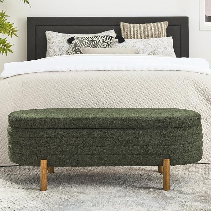 Furniliving 46” Storage Benches, End of Bed Bench with Button-Tufted Large Upholstered Storage Ottoman Teddy Window Bench with Storage Shoe Cabinet Bench, for Bedroom, Entryway, Closet, Green