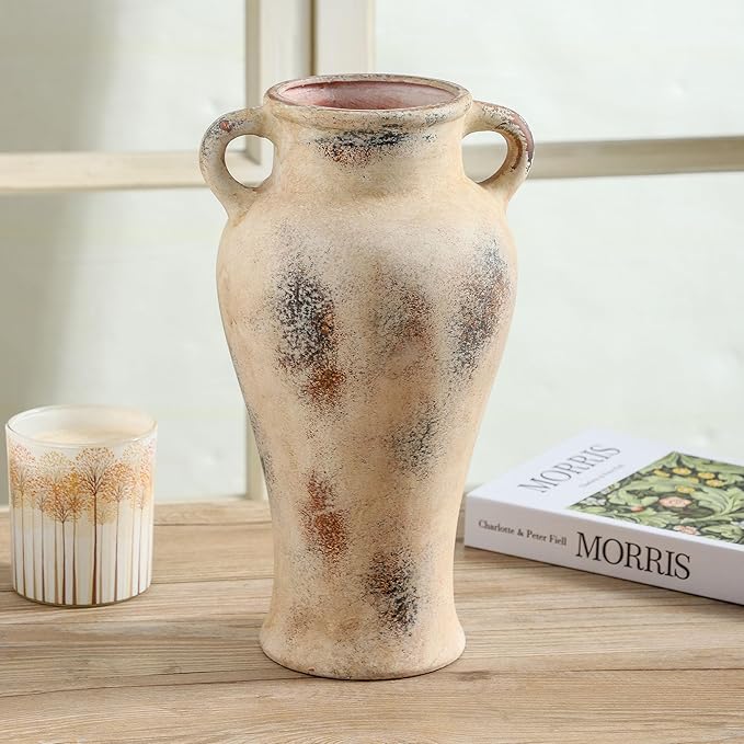 Rustic Ceramic Vase with Handle, 12.6 inch Large Handcrafted Farmhouse Decorative Pottery Vase for Table Centerpiece, Wedding Decor, or Entryway Arrangement
