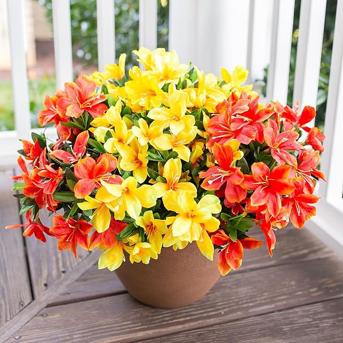 Artificial Fake Fall Flowers for Outdoors 3 Bundles Silk Azalea Flower Faux Plants UV Resistant Realistic Flowers for Outside Planter Porch Patio Yard Garden Walkways Home Decor (Orange+Yellow)