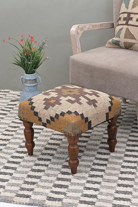 Handmade Jute Soft Ottomans Square Shape Stool for Sitting and Foot Rest with Wooden Legs, Entryway Modern Stool for Living Room, Bedroom, Hall (Yellow, L 15.74 x W 15.74 x H 14 inch)