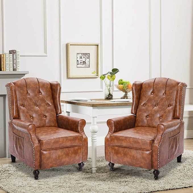 Wingback Recliner Chair with Massage and Heat Tufted PU Leather Push Back Recliner Chair for Living Room Vintage Wingback Chair with Remote Control, Padded Cushion, Backrest, Wooden Legs