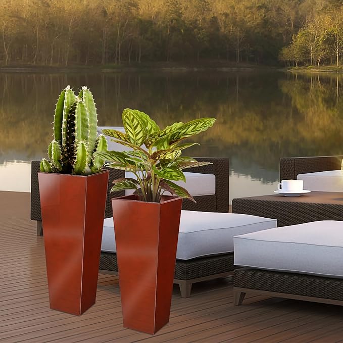 KOL 25'' & 28'' Tall Galvanized Steel Metal Glazed Planter with Insert, Set of 2, Metal Planter Pots for Indoor & Outdoor Use, Decorative Flower Plant Pots for Front Porch, Patio, Deck - Brown