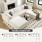 118" Cloud Couch Modular Sectional Sofa for Living Room,Modern Sofa with Deep Seat，U-Shape Boneless Couch with 2 Ottoman,Comfy Upholstered Corduroy Couches for Apartment, Studio, Office,Bedroom，White