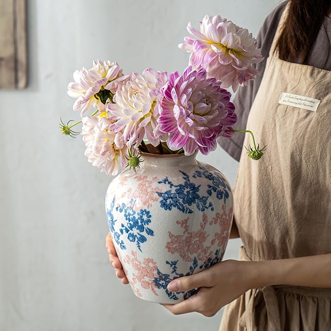 Pink Blue and White Vase, 8 Inch Vintage Chinoiserie Ceramic Vase, Rustic Flower Vases Decorative Antique Vases for Home Decor, Retro Ice Cracked Porcelain Farmhouse Table Centerpieces Decor