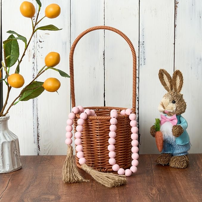 OMISHE 59in Wood Bead Garland with Tassels, Decorative Beads Decor, Farmhouse Wooden Beads Garland for Wall Hanging Home Festival Decor, Pink