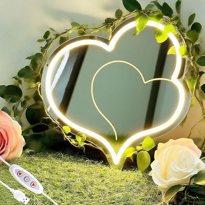 Warm White Heart Acrylic Mirror Neon Signs,Dimmable Heart Shaped Mirror with Neon LED Lights,USB Powered Neon Sign Wall Decor Art Neon Light For bedroom,Family,Wedding,Bar,Party Decor