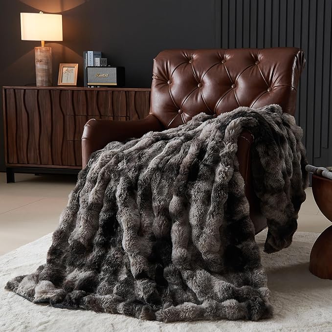 Lotus Karen Faux Fur Blanket Tie-Dye Dark Gray Twin Size - Big Bubble Rabbit Fluff Throw for Couch Small Fluffy Fuzzy Cozy Thick Furry Plush Shaggy Blankets 90x90 Inches