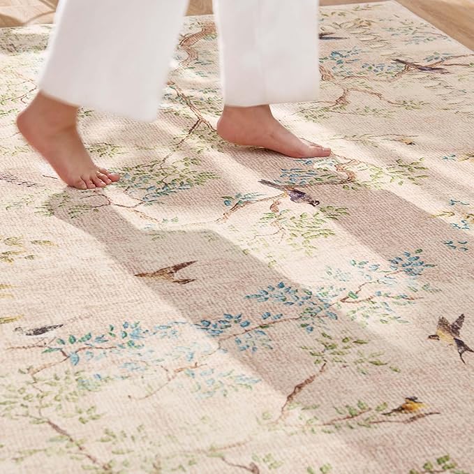 jinchan Beige Botanical Birds 3x8 Runner Rug for Hallway - Washable Non-Slip Soft Nature Plants Modern Kitchen Runner Carpet Vintage Ultra-Thin Low Pile Rug for Entryway Living Room Kitchen Laundry