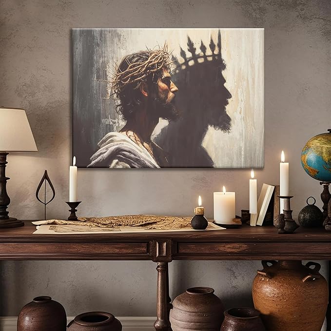 Framed Jesus is the King Christian Wall Art, Jesus and Crown Canvas Wall Decor Christ Biblical Pictures Painting Prints Religious Room Decor for Church Prayer Room Schools Hospitals 24" x 16"