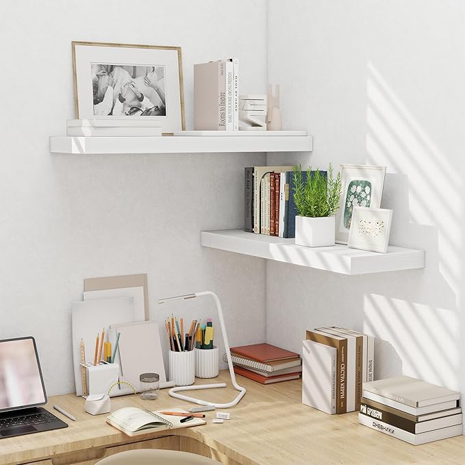 Fun Memories Floating Shelves for Wall, 32 Inch Long Floating Shelves Set of 2, 32 x 10 Wooden Shelves for Wall, Large Storage Shelves, Hanging Shelves for Bathroom Kitchen Bedroom, White