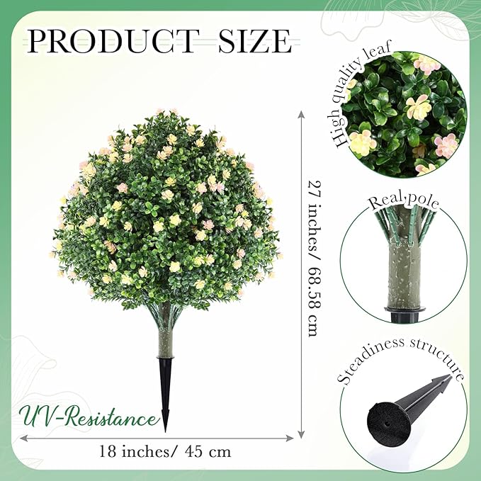 Yunlly Set of 2 Artificial Boxwood Topiary Ball Tree Fake Bushes Shrubs Outdoor Faux Plant with Ground Spike Flowers UV Resistance Greenery for Front Porch Garden Patio Indoor(Light Yellow,27x18inch)
