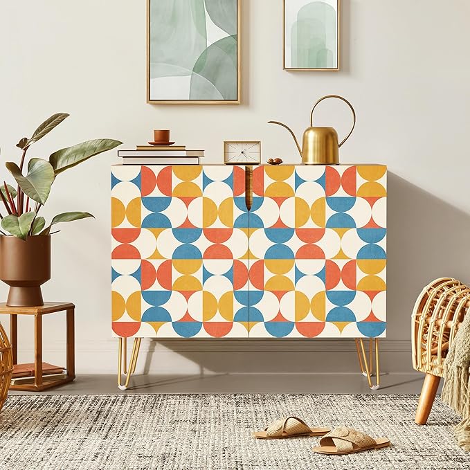 SIGNWIN Sideboard Buffet Cabinet, Kitchen Storage Cabinet with 2 Doors, Vibrant Orange & Blue Polygon, Cupboard Console Table for Dining Room - 35" L x 18" W x 29" H