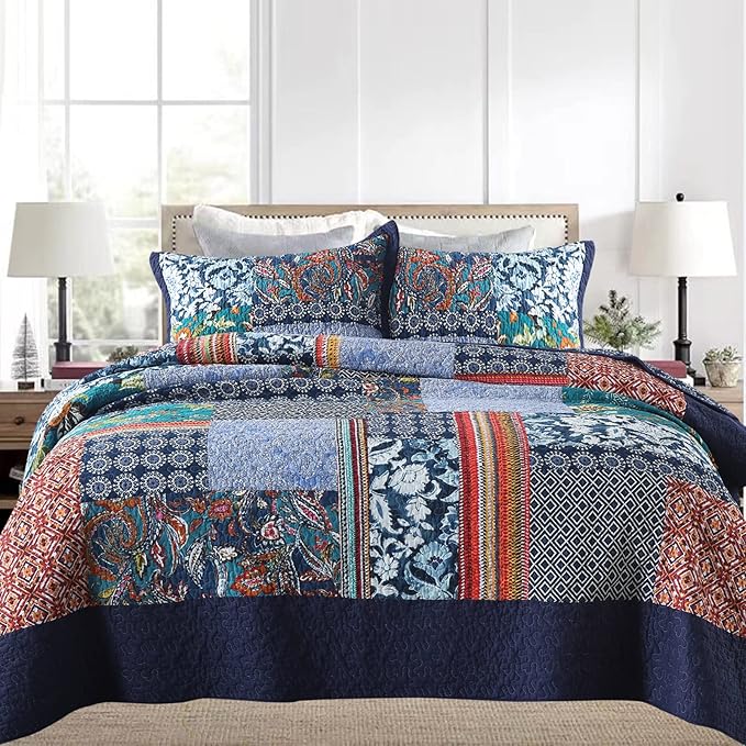 Yvooxny Queen Quilt Set Reversible Lightweight Bohemian Paisley Patchwork Cotton Quilted Bedspread Coverlet Set 3-Piece Bedding Set with Shams for All Seasons, Queen Size, 98 * 90 Inches