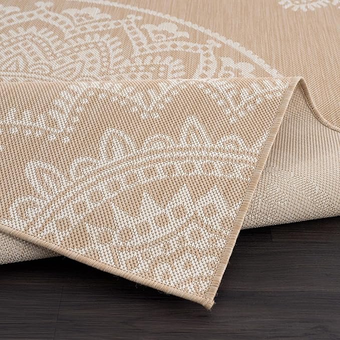 CAMILSON Outdoor Rug 5x7 Modern Area Rugs for Indoor and Outdoor Patios and Porches - Waterproof, Washable, Non-Shedding, Easy-to-Clean Outside Carpet (5 x 7, Medallion - Beige/White)