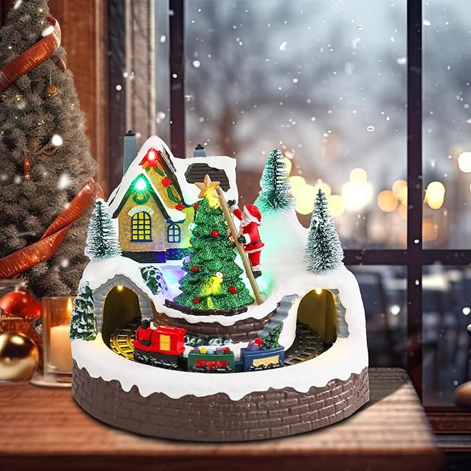taman Christmas Village Houses Collectible Buildings - Moving Train Around The Christmas Tree,Warm Light Musical Ornaments for Holiday Decorations