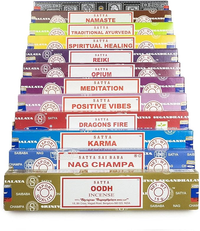 Satya Natural Incense Sticks Assortment – 12 Pack, 15g Each – Hand Rolled in India – Aromatherapy, Meditation, Yoga, Relaxation, Stress Relief, Home Fragrance