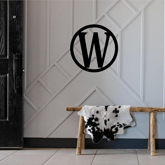 Block Initial Decor for Double Doors, Metal ACM Initial Sign for Home, Block Font Weatherproof Decor Single Letter Circle Monogram Wreath, Made In USA, 18 Inches Round