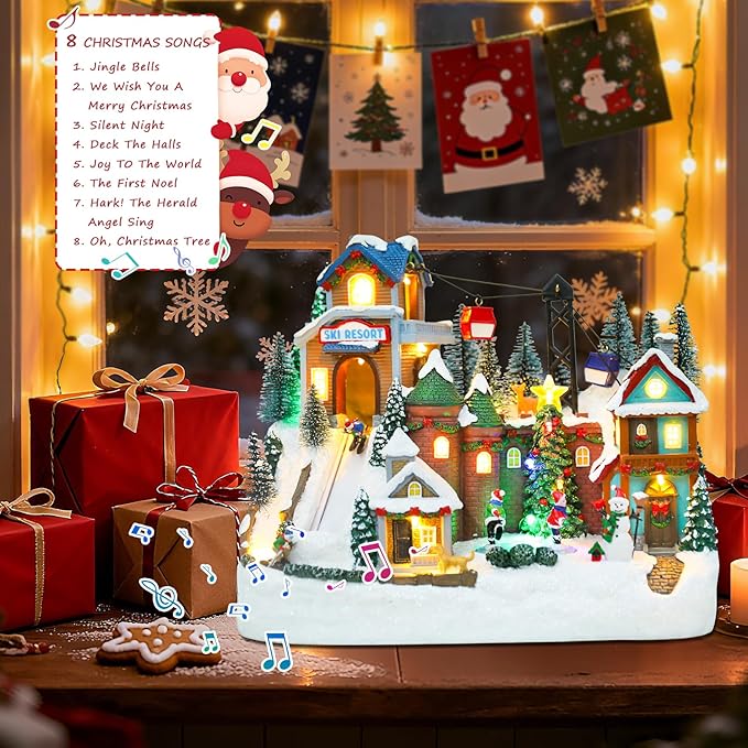 VCUTEKA Animated Christmas Village Houses, Lighted Musical Ski Resort Scene with Ice Skating Rink, Ski Lift, Snowman, Victorian Xmas Village Collectible Building Decoration for Holiday Table Display