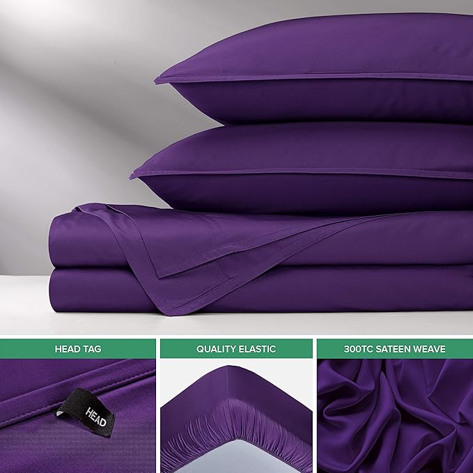 Queen Sheets by Pure Bamboo, Genuine 100% Organic Viscose Derived from Bamboo Bed Sheet Set, Luxuriously Soft & Cooling, Double Stitching, Lifetime Quality Promise (Queen, Purple)