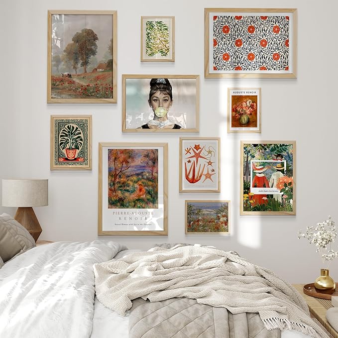 Boho Wall Decor Framed Wall Art Set for Cottage Core Decor, Aesthetic Prints for Eclectic Home Decor, Natural Oak Framed Boho Pictures Vintage Bedroom Decoration