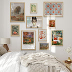 Boho Wall Decor Framed Wall Art Set for Cottage Core Decor, Aesthetic Prints for Eclectic Home Decor, Natural Oak Framed Boho Pictures Vintage Bedroom Decoration